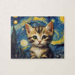 Van Gogh Style Starry Night Cat Jigsaw Puzzle