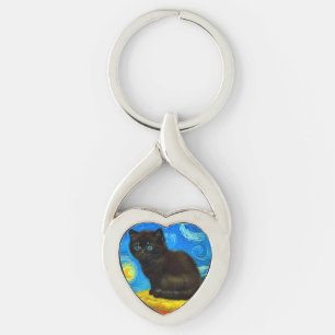 Van Gogh Style Starry Night Cat Key Ring