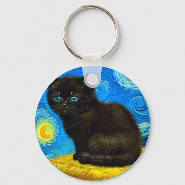 Van Gogh Style Starry Night Cat Key Ring (Front)