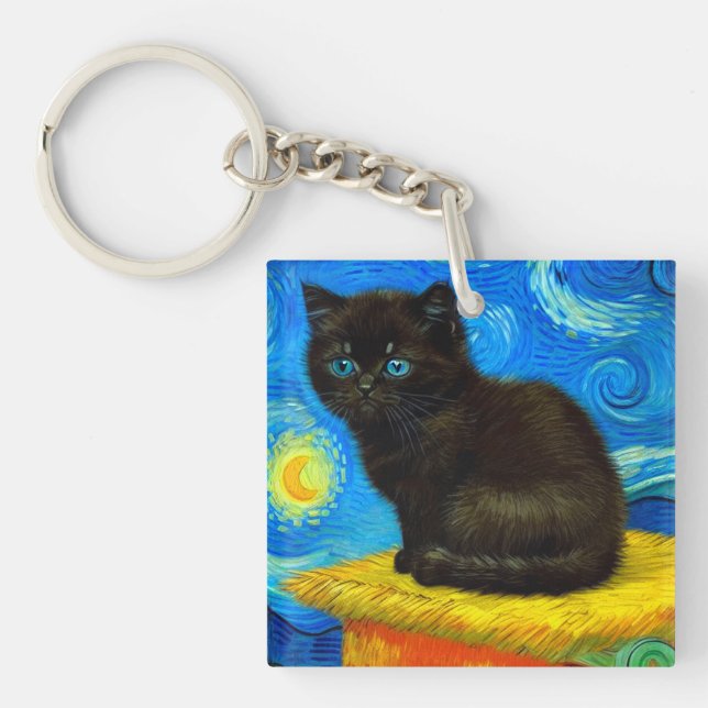 Van Gogh Style Starry Night Cat Key Ring (Front)