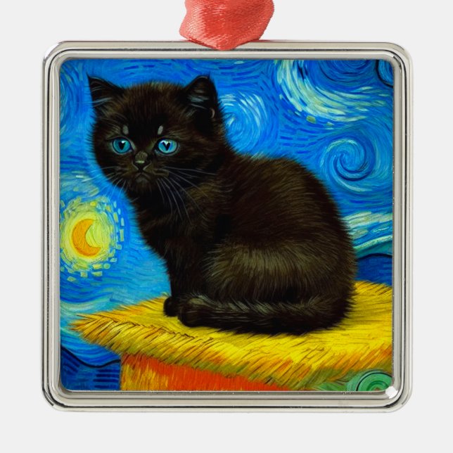 Van Gogh Style Starry Night Cat Metal Ornament (Front)