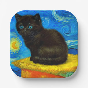 Van Gogh Style Starry Night Cat Paper Plate