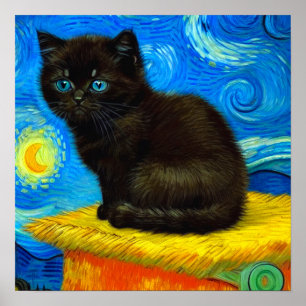 Van Gogh Style Starry Night Cat Poster