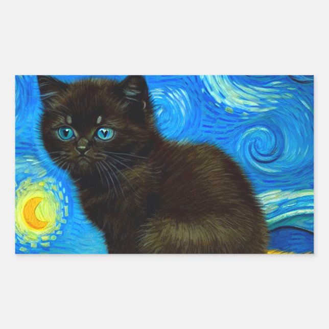 Van Gogh Style Starry Night Cat Rectangular Sticker (Front)