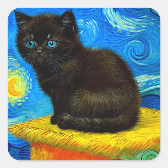 Van Gogh Style Starry Night Cat Square Sticker (Front)