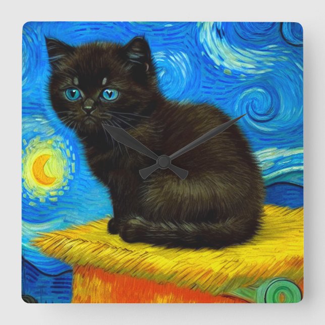 Van Gogh Style Starry Night Cat Square Wall Clock (Front)