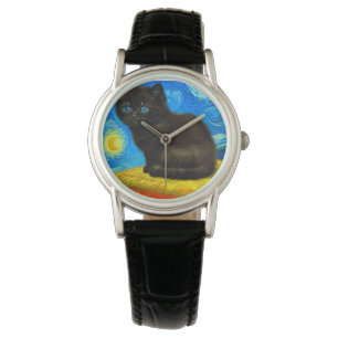 Van Gogh Style Starry Night Cat Watch