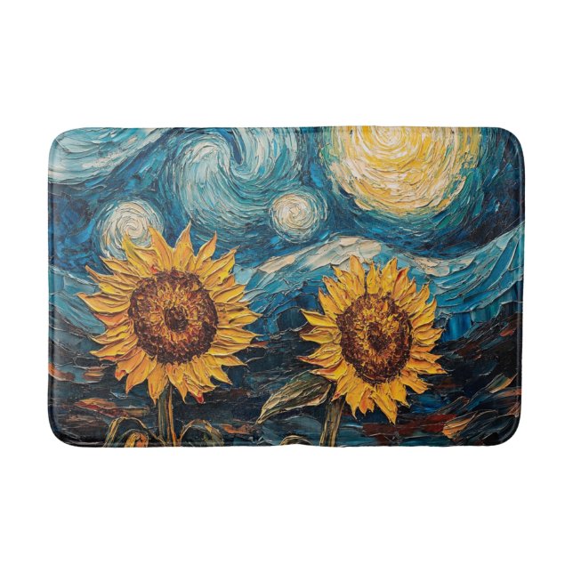 Van Gogh sunflowers and starry night  Bath Mat (Front)