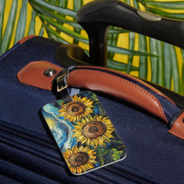 Van Gogh sunflowers and starry night Luggage Tag (Front Insitu 1)