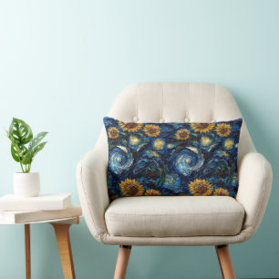 Van Gogh sunflowers and starry night Lumbar Cushion