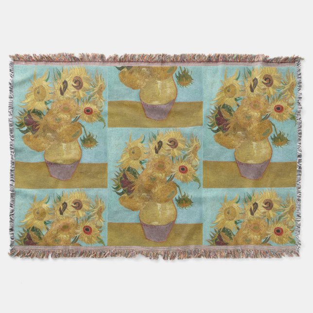 Van Gogh Sunflowers - Blue & Yellow Impressionism Throw Blanket (Front)