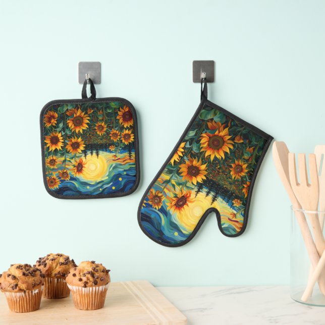  Van Gogh Sunflowers Painting Oven Mitt & Pot Holder Set (Insitu(Hanging))