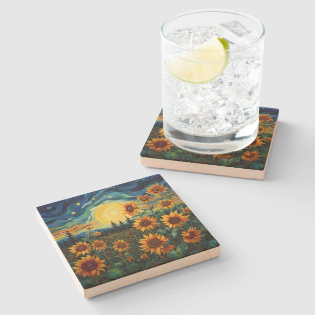 Van Gogh Sunflowers Painting Stone Coaster (Side)