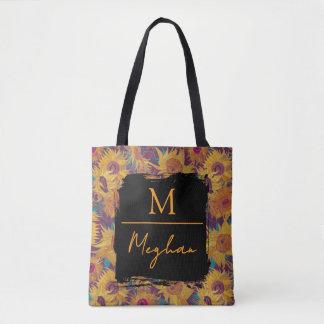 Van Gogh Sunflowers Yellow Violet Monogram  Tote Bag