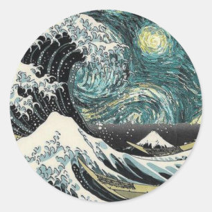 Van Gogh The Starry Night - Hokusai The Great Wave Classic Round Sticker