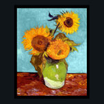 Van Gogh - Three Sunflowers In A Vase - Fine Art Poster<br><div class="desc">Oil on canvas from 1888 showing bright yellow sunflowers in a green vase against a turquise blue background. Unlike similar stores, Art Lover's Cafe features classic, high resolution works of art that have been carefully restored, colour-balanced & retouched to remove spots & artefacts commonly found in most reproductions sold online....</div>
