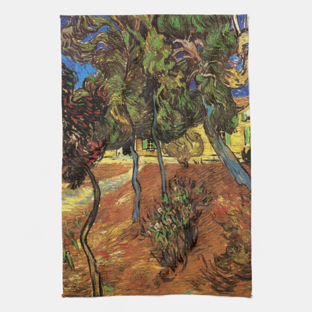 Van Gogh Trees in the Garden, Saint Paul Hospital Tea Towel (Vertical)