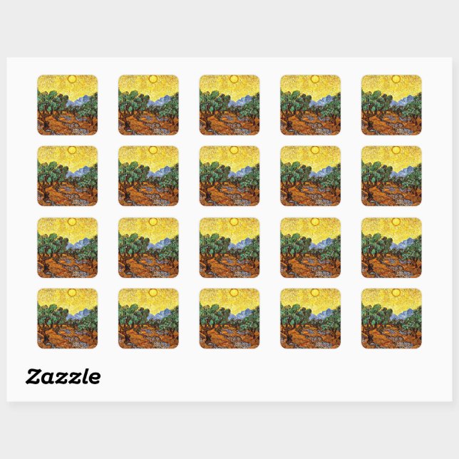 Van Gogh, Trees with Yellow Sky Square Sticker (Sheet)