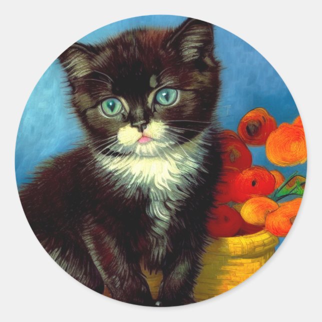 Van Gogh Tuxedo Cat  Classic Round Sticker (Front)