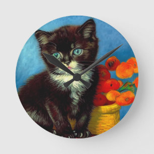 Van Gogh Tuxedo Cat Round Clock