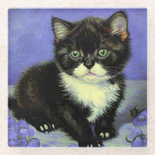 Van Gogh Tuxedo Kitten Glass Coaster
