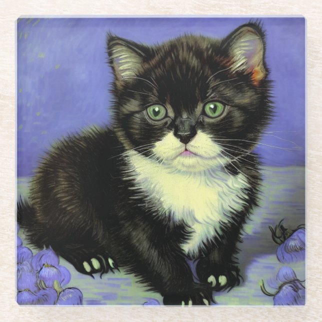Van Gogh Tuxedo Kitten Glass Coaster (Front)