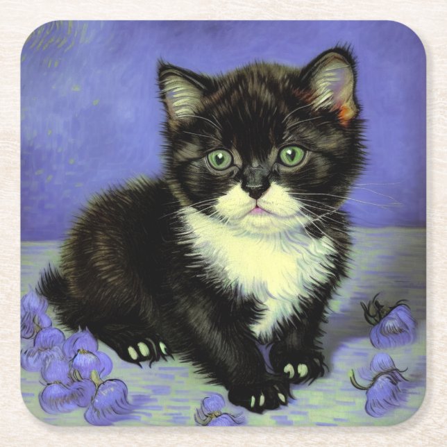 Van Gogh Tuxedo Kitten Square Paper Coaster (Front)