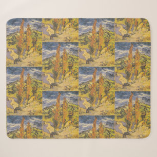 Van Gogh Two Poplars - Vibrant Yellow Nature Art Sherpa Blanket