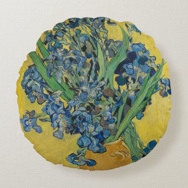 Van Gogh Vase with Irises Classic Impressionism Round Cushion (Front)