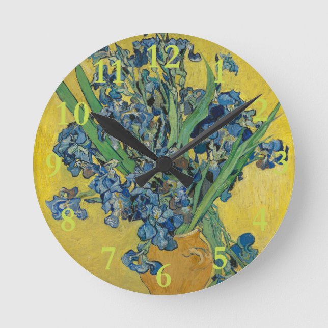 Van Gogh Vase with Irises on Yellow Round Clock (Front)