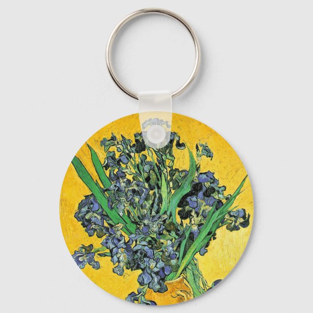 Van Gogh - Vase with Irises Yellow Background Key Ring (Front)