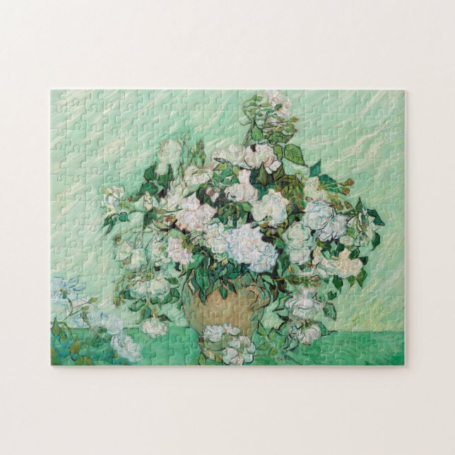 Van Gogh Vase with Pink Roses Flowers Painting Jigsaw Puzzle (Horizontal)