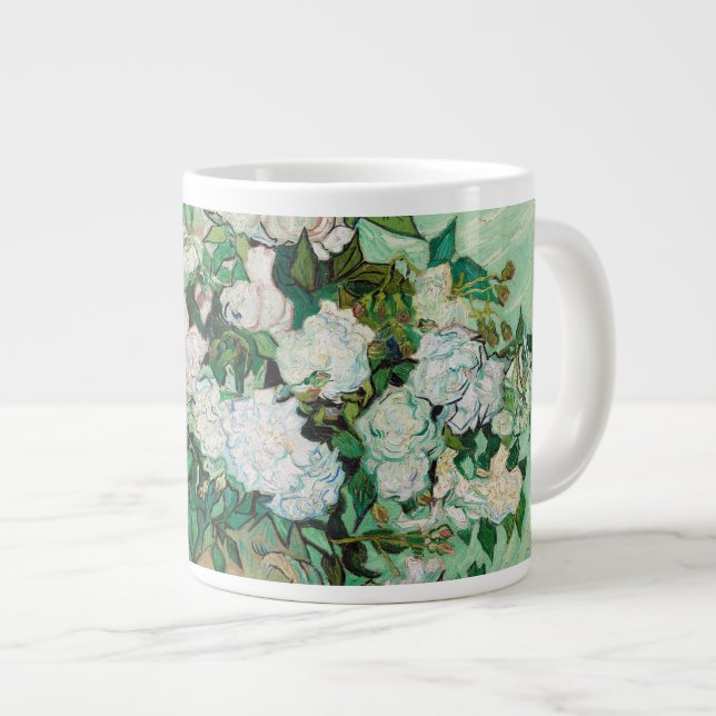 Van Gogh Vase with Pink Roses Flowers Painting Large Coffee Mug (Front Right)