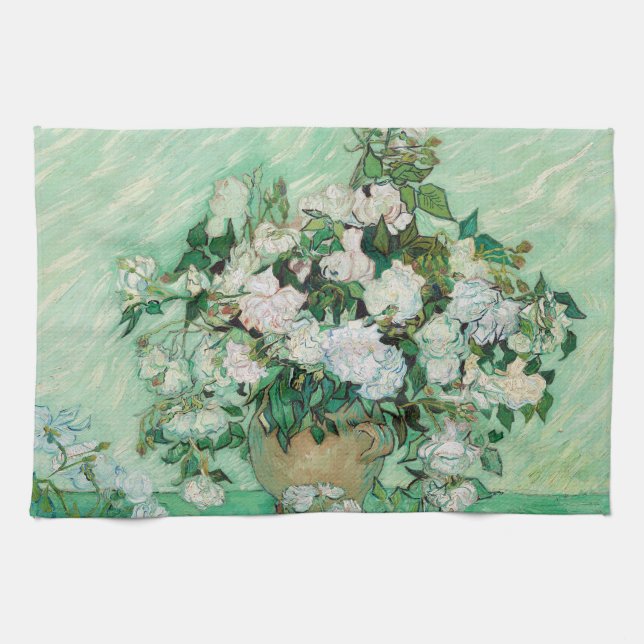 Van Gogh Vase with Pink Roses Flowers Painting Tea Towel (Horizontal)