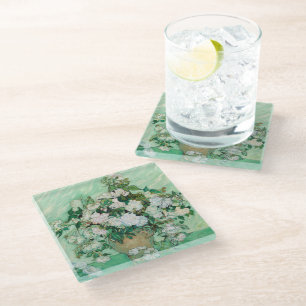 Van Gogh Vase with Pink Roses Vintage Flower Art Glass Coaster