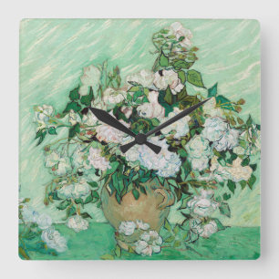 Van Gogh Vase with Pink Roses Vintage Flower Art Square Wall Clock