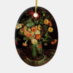 Van Gogh Vase with Zinnias and Geraniums Fine Art Ceramic Ornament
