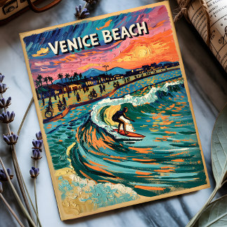 Van Gogh Venice Beach Surf California Retro Travel Postcard