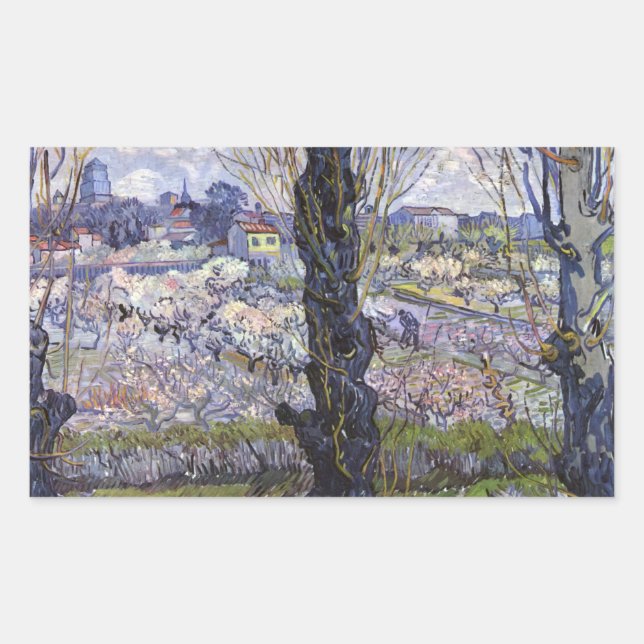 Van Gogh View of Arles Flowering Orchards Art Rectangular Sticker (Front)
