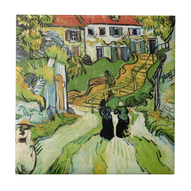 Van Gogh Village Street and Steps Auvers, Figures Ceramic Tile (Front)