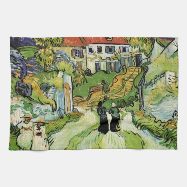 Van Gogh Village Street and Steps Auvers, Figures Tea Towel (Horizontal)