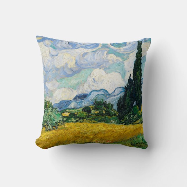 Van Gogh Wheat Field with Cypresses. Impressionism Cushion (Front)