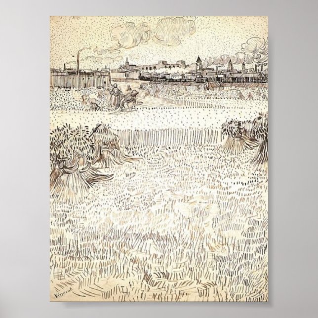 Van Gogh - Wheat Field with Sheaves and Arles Poster (Front)