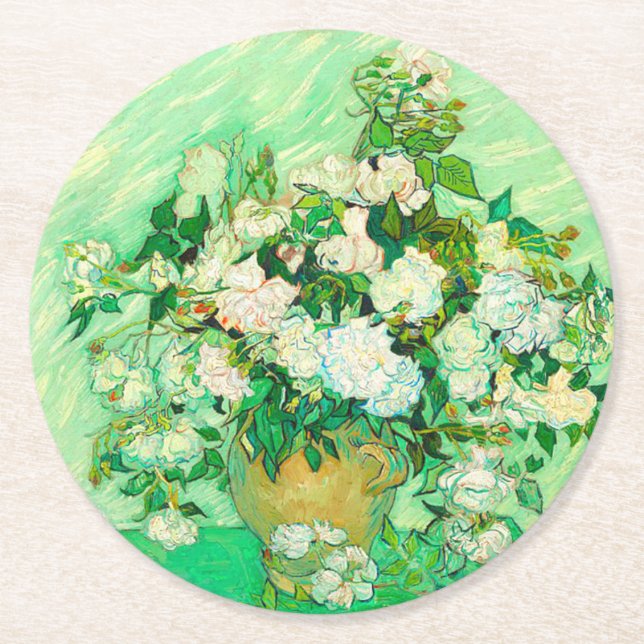 Van Gogh White Roses Round Paper Coaster (Front)