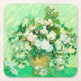 Van Gogh White Roses Square Paper Coaster