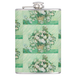 Van Gogh White Roses - Vintage Mint Floral Art Hip Flask