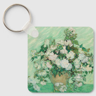 Van Gogh White Roses - Vintage Mint Floral Art Key Ring