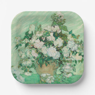 Van Gogh White Roses - Vintage Mint Floral Art Paper Plate