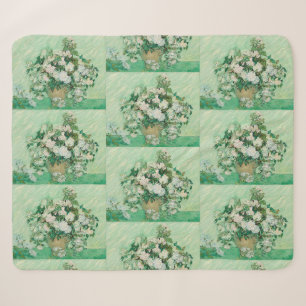 Van Gogh White Roses - Vintage Mint Floral Art Sherpa Blanket