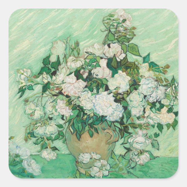 Van Gogh White Roses - Vintage Mint Floral Art Square Sticker (Front)